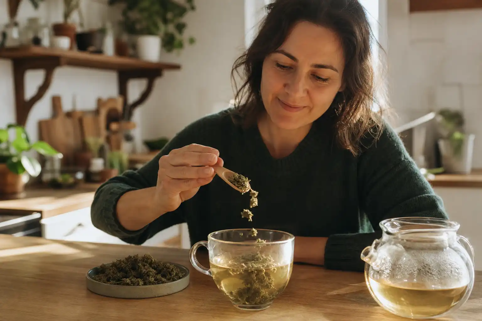 Quelqu'un manipule un objet, autour d'une infusion de chanvre et ses fleurs séchées, dans une cuisine.