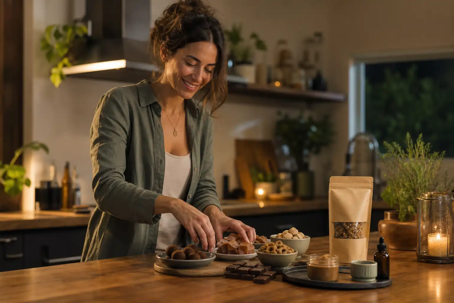 Quelqu'un dispose un objet, autour de produits alimentaires cbd, dans une cuisine.