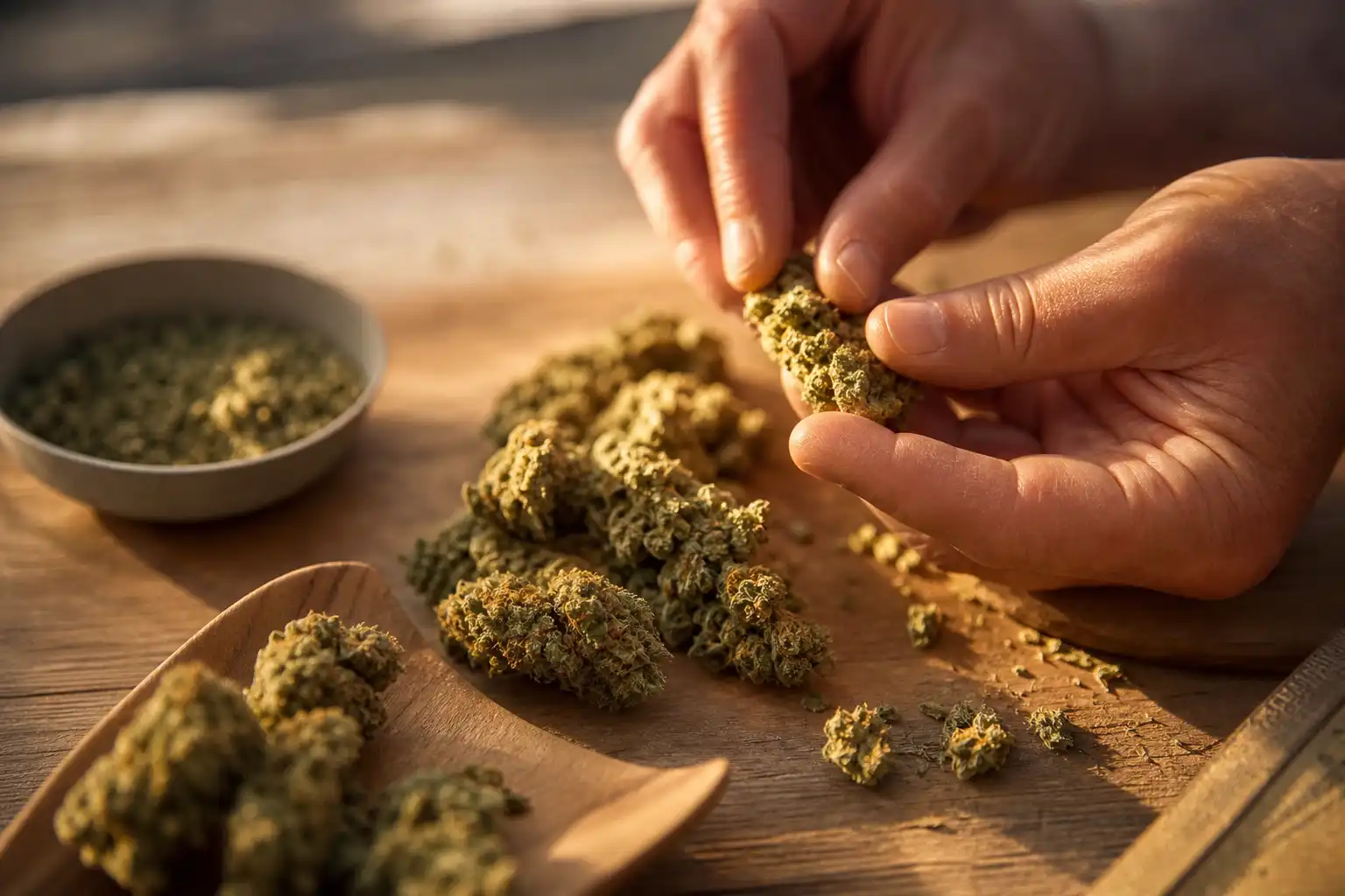Des mains préparent quelque chose, autour de cbd expo france, près d'une table en bois.