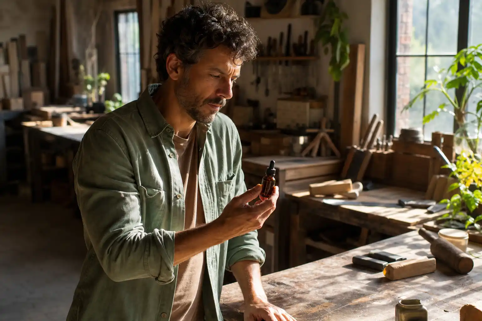Quelqu'un examine un objet, autour de cbd contre douleurs, dans un atelier.