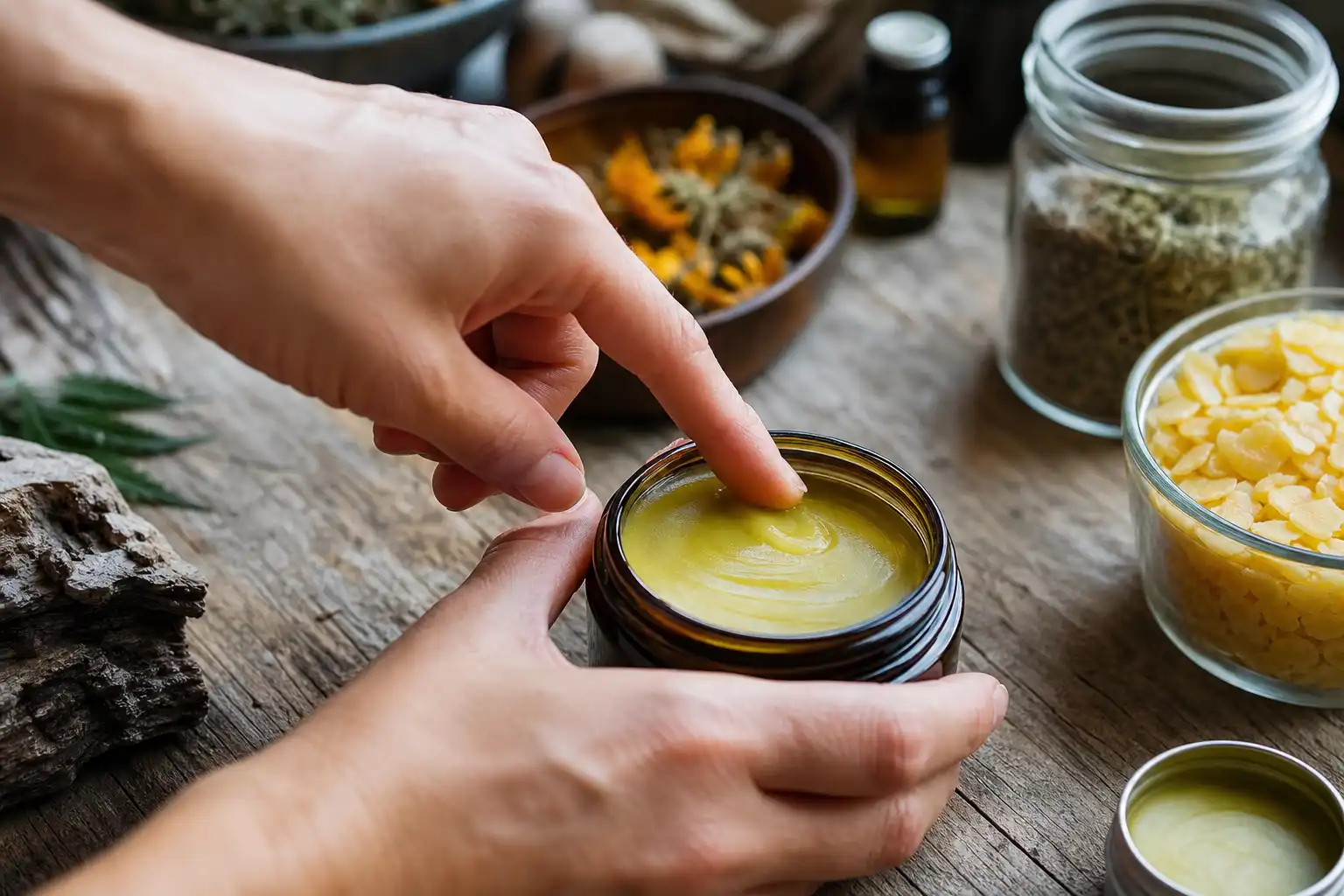Des mains préparent quelque chose, autour de baume cbd relaxant, dans un atelier.