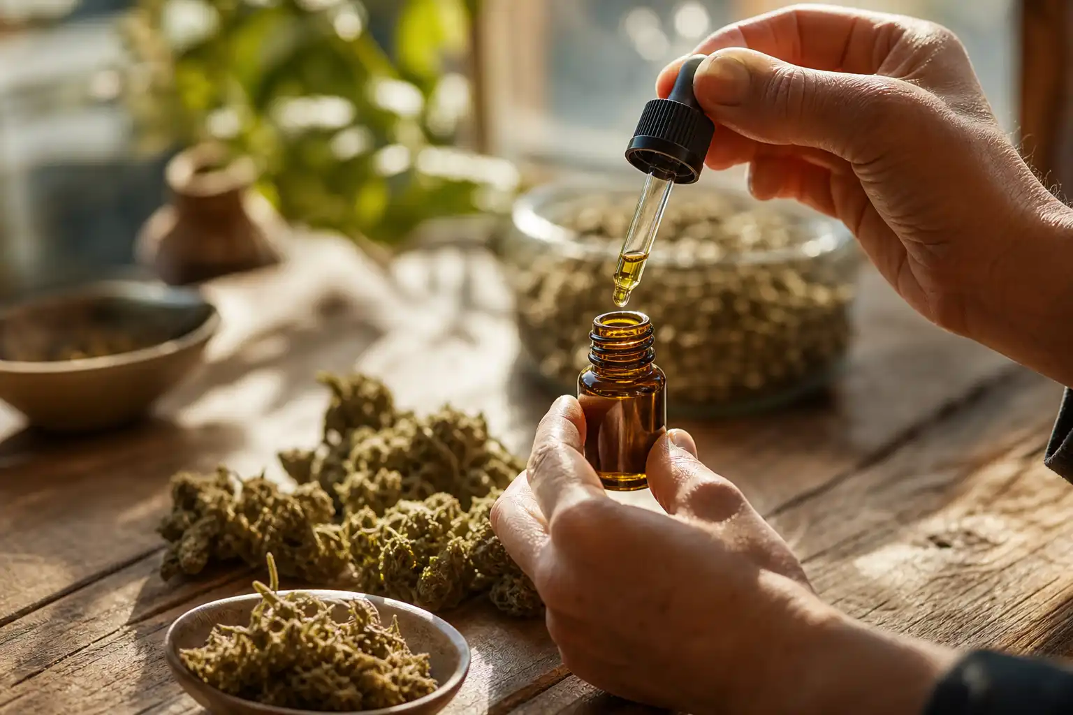 Des mains dosent quelque chose, autour de cbd santé bienfaits, près d'une table en bois.