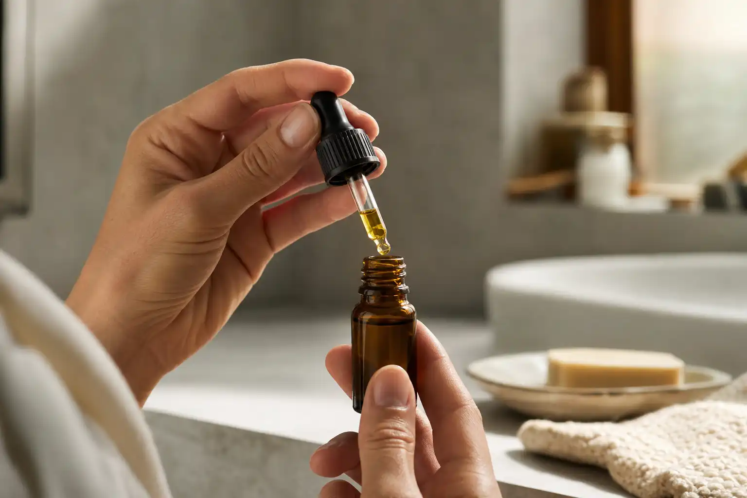 Des mains manipulent un objet, autour d'équilibre cbd cannabidiol, dans une salle de bain.