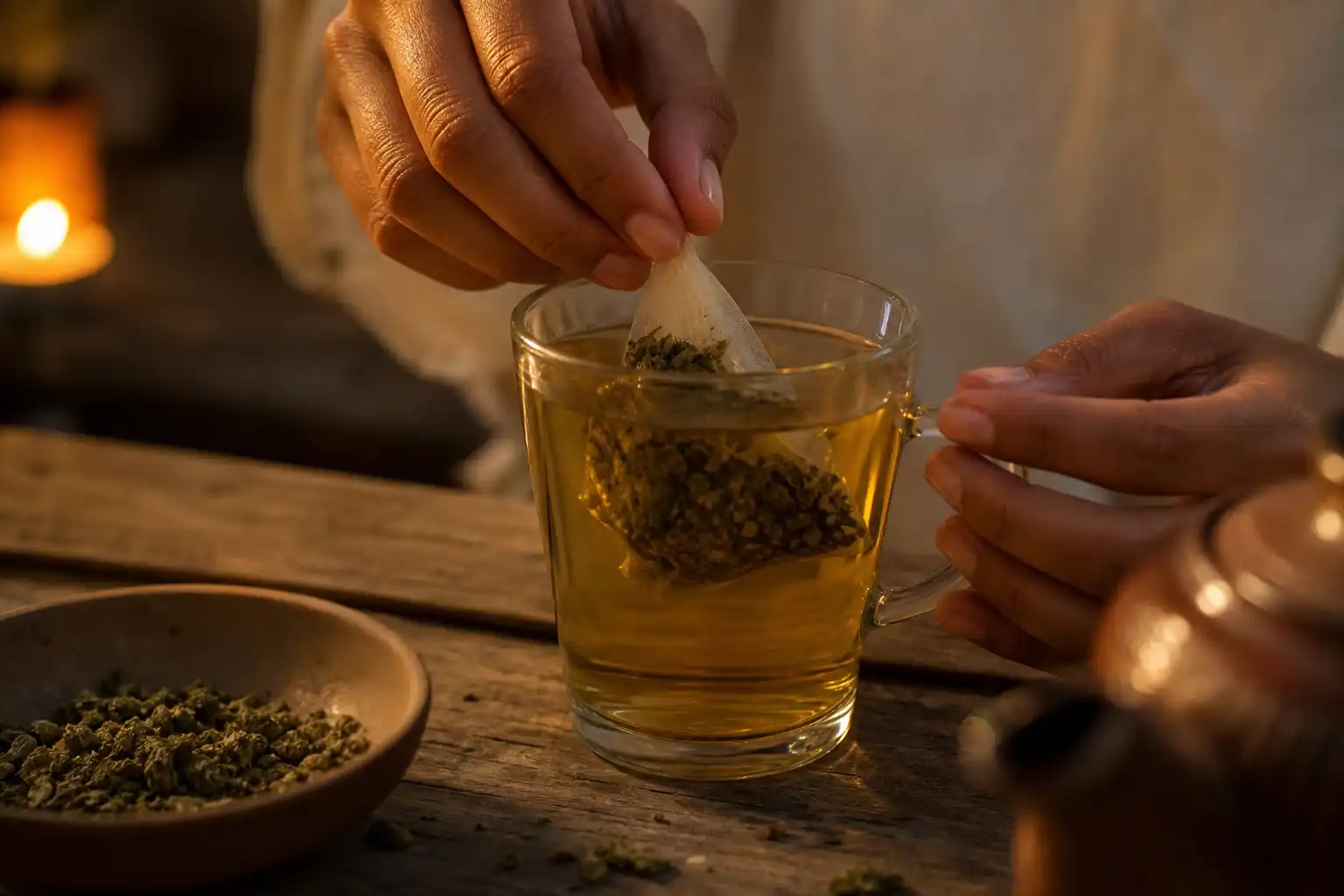 Des mains préparent quelque chose, autour de boisson cbd thé, près d'une table en bois.