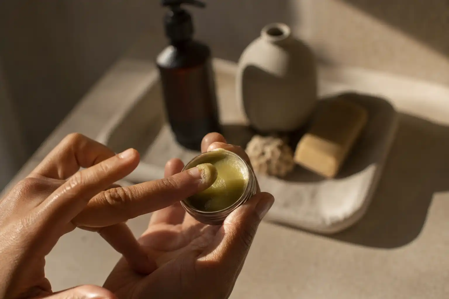 Des mains disposent un objet, autour de si cuisinait cbd, dans une salle de bain.