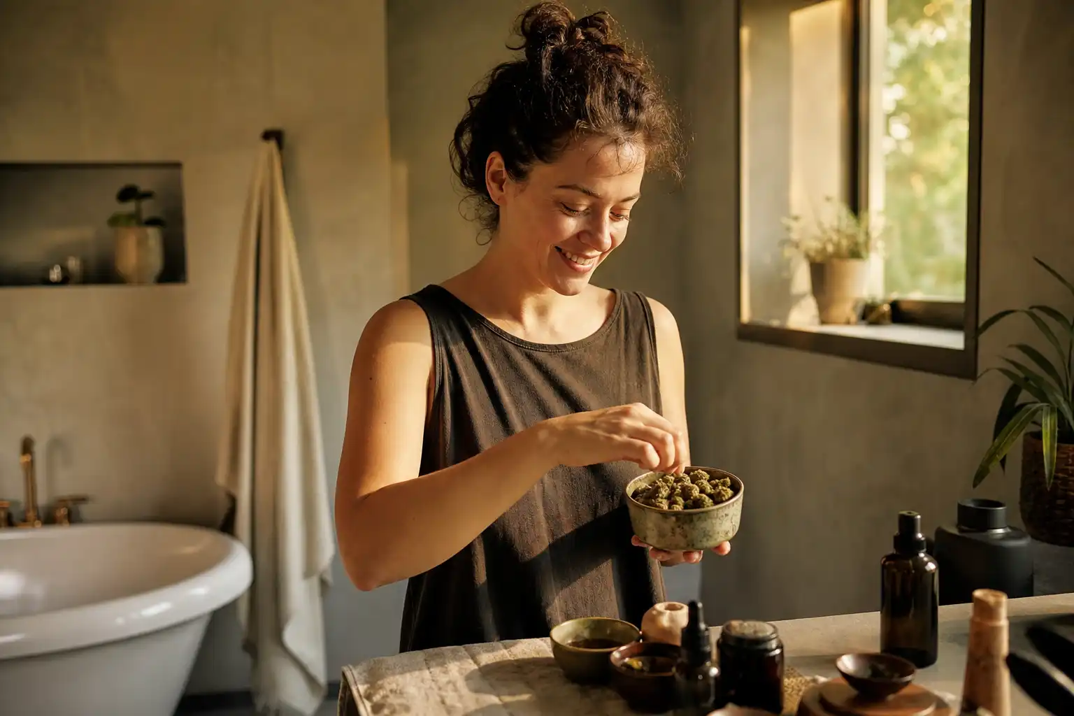 Quelqu'un dispose un objet, autour de si cuisinait cbd, dans une salle de bain.