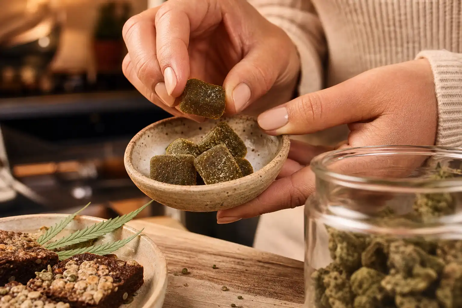 Des mains disposent un objet, autour de produits alimentaires cbd, dans une cuisine.